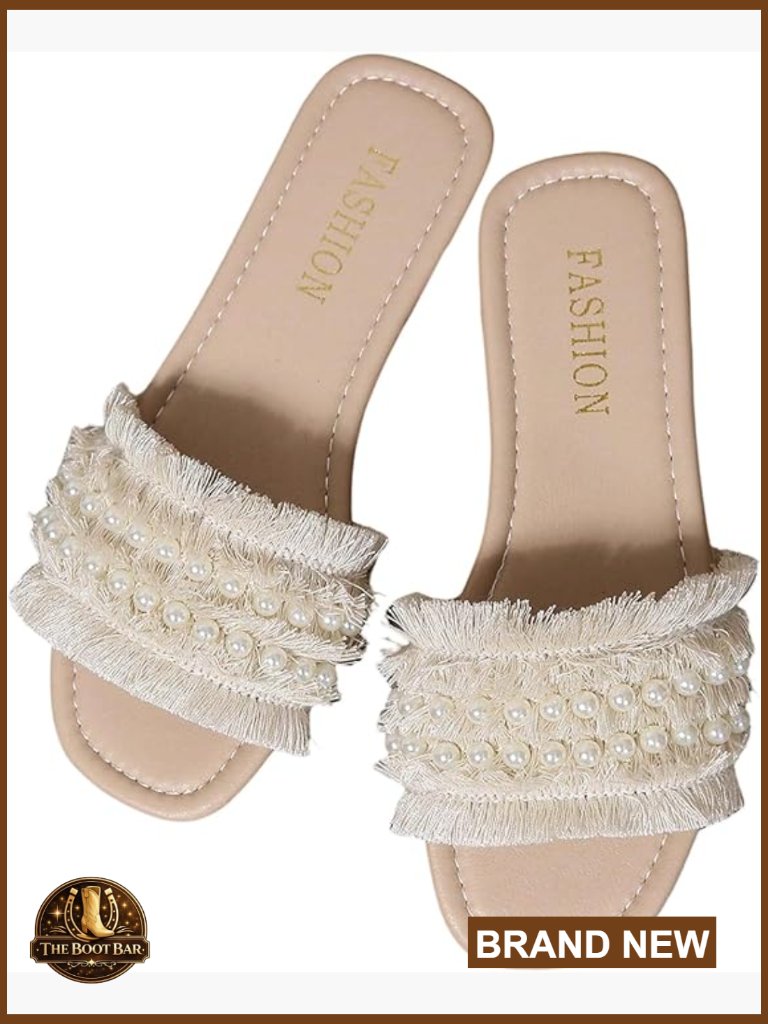 Pearl Chain Flat Sandals Dressy Open Toe Slip On Summer Casual Slide